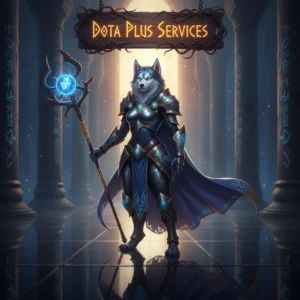 Fantasy artwork featuring an anthropomorphic Husky character, themed around Dota 2's Dota+ services and features.