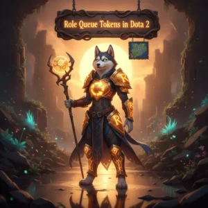 Fantasy artwork featuring an anthropomorphic Husky character, themed around Dota 2 Role Queue Tokens, with a game-inspired background.