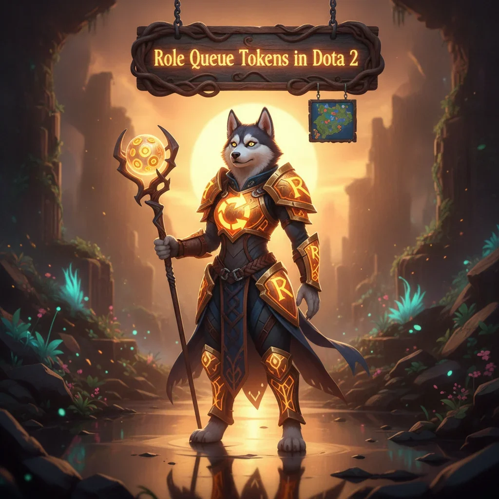 Fantasy artwork featuring an anthropomorphic Husky character, themed around Dota 2 Role Queue Tokens, with a game-inspired background.