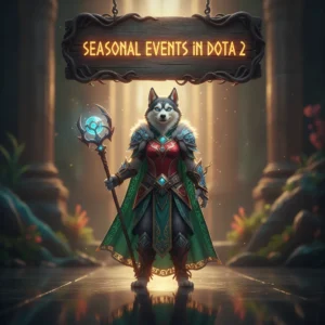 Fantasy artwork featuring an anthropomorphic husky in themed attire, inspired by Dota 2 seasonal events and their challenges.