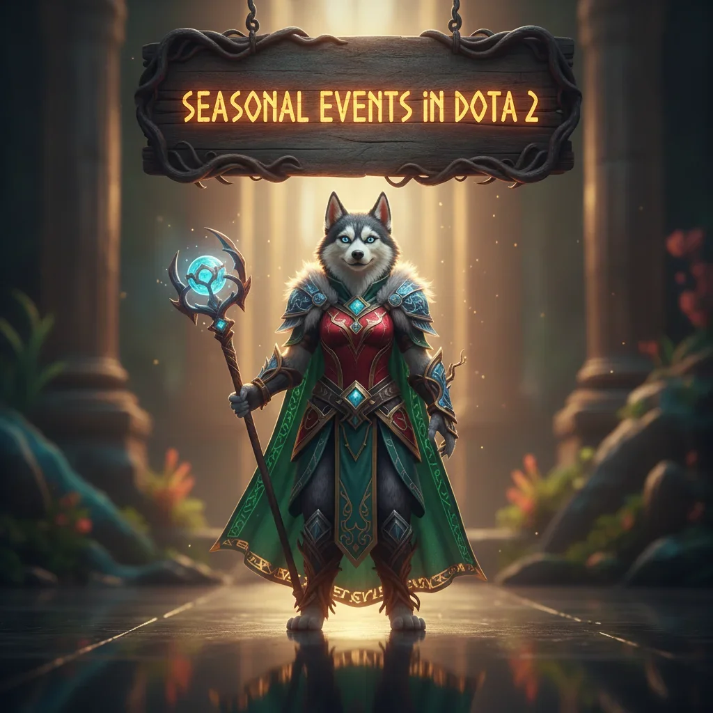 Fantasy artwork featuring an anthropomorphic husky in themed attire, inspired by Dota 2 seasonal events and their challenges.