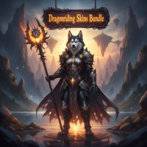 Fantasy artwork of an anthropomorphic Husky character in elaborate fantasy armor, inspired by Dragonriding Skins Bundle content and mount customization from WoW Midnight.