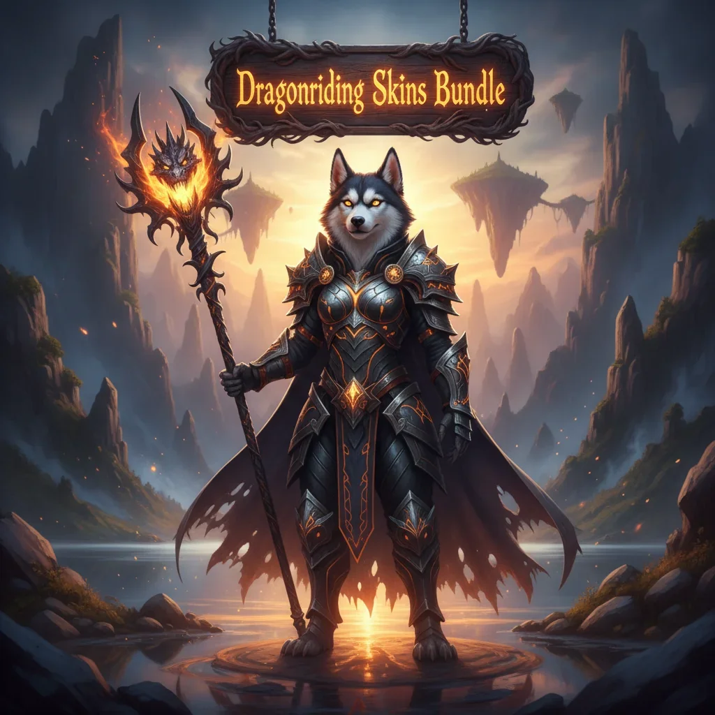 Fantasy artwork of an anthropomorphic Husky character in elaborate fantasy armor, inspired by Dragonriding Skins Bundle content and mount customization from WoW Midnight.
