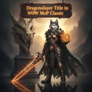 An anthropomorphic husky character in fantasy armor, representing the Dragonslayer title and related game achievements.