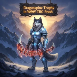 Fantasy artwork of an anthropomorphic husky in heavy armor, set in a frozen Dragonspine-like mountain environment, representing WoW TBC Fresh trophy challenges.