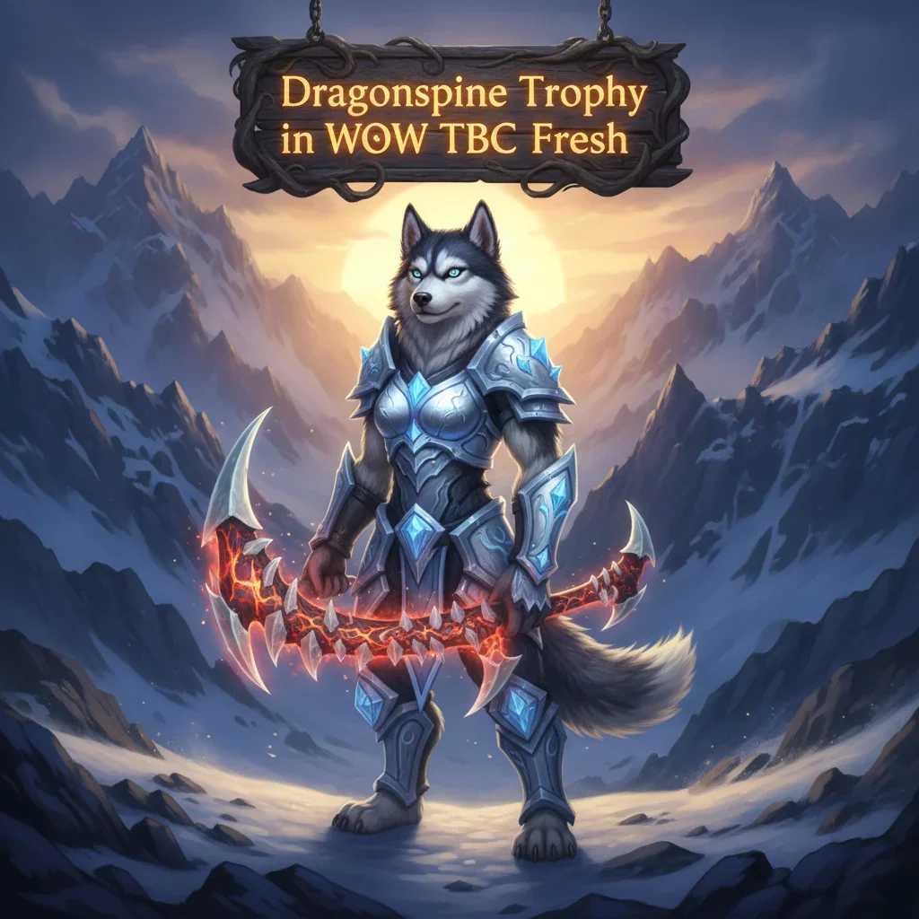 Fantasy artwork of an anthropomorphic husky in heavy armor, set in a frozen Dragonspine-like mountain environment, representing WoW TBC Fresh trophy challenges.