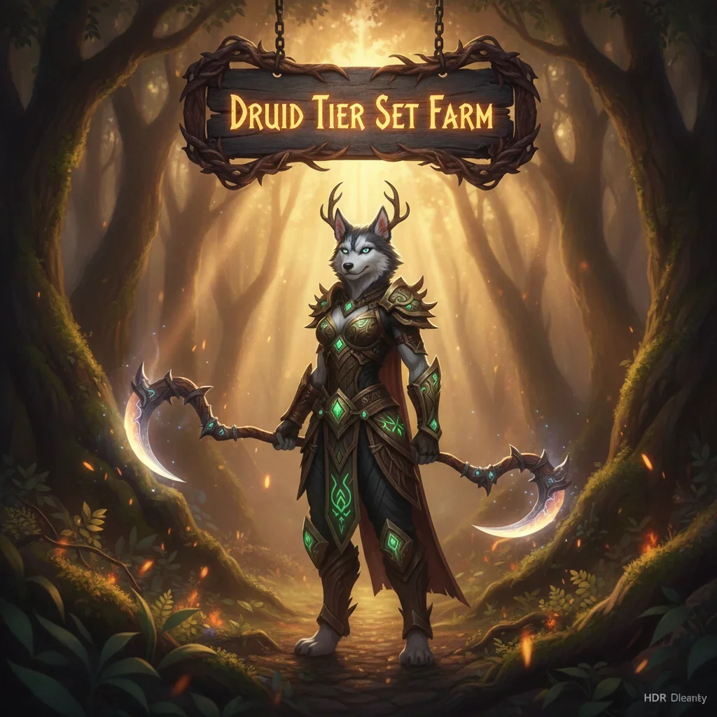 Anthropomorphic husky character in elaborate fantasy druid robes, with the artwork themed around the acquisition of a specific druid tier set.