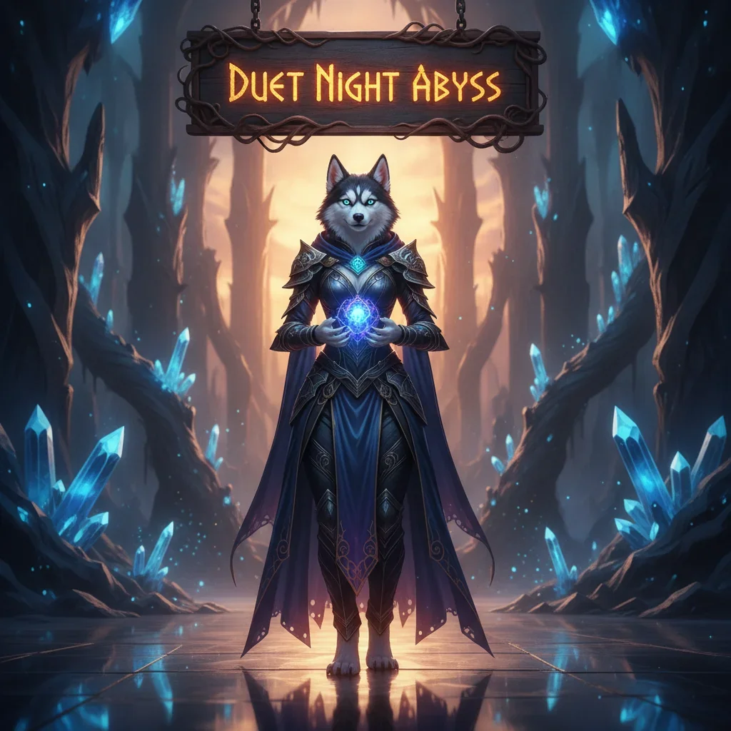 Anthropomorphic Husky character in fantasy attire, set in a game-inspired environment related to Duet Night Abyss content.