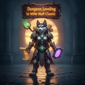 Fantasy artwork featuring an anthropomorphic Husky character, themed around dungeon leveling in World of Warcraft Mists of Pandaria Classic.