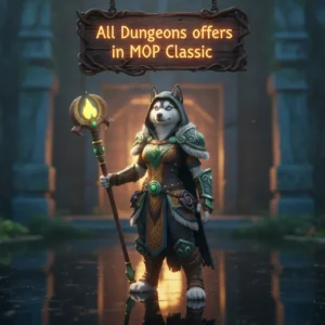 Fantasy artwork featuring an anthropomorphic Husky character in armor, themed around dungeon content and objectives.