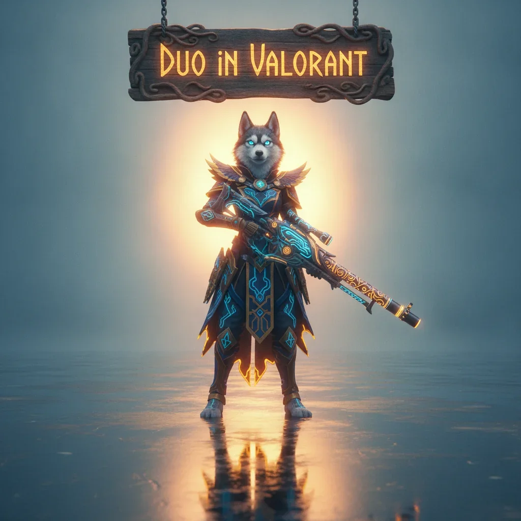 An anthropomorphic Husky warrior in fantasy armor, set in an ethereal arena, represents cooperative competitive rank boosting for games like Valorant.