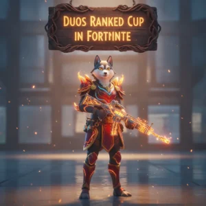 A majestic anthropomorphic Husky character in elaborate fantasy armor stands in a game-inspired landscape, representing the competitive objectives of Fortnite Duos Ranked Cup content.