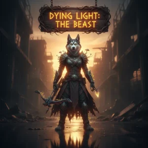 A fantasy game-inspired image featuring an anthropomorphic husky character in a themed outfit, set in a dark, post-apocalyptic city.