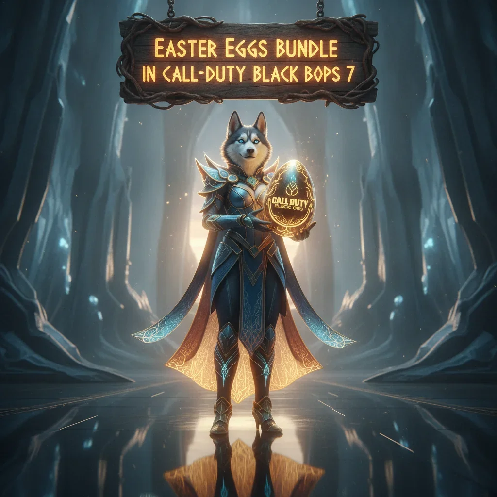 A fantasy game-inspired promotional artwork featuring an anthropomorphic husky character in a themed outfit, set in a mystical environment, related to discovering hidden Easter Eggs and special content bundles.
