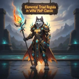 A fantasy artwork featuring an anthropomorphic husky character in elemental armor, representing game content from World of Warcraft Mists of Pandaria Classic.