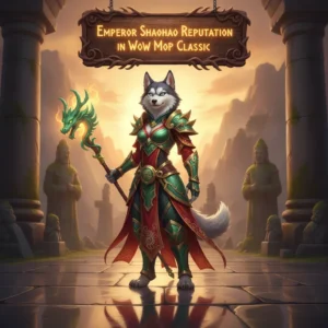 An anthropomorphic Husky character in fantasy robes, amidst a serene, mystical Mists of Pandaria-inspired environment, representing reputation objectives.