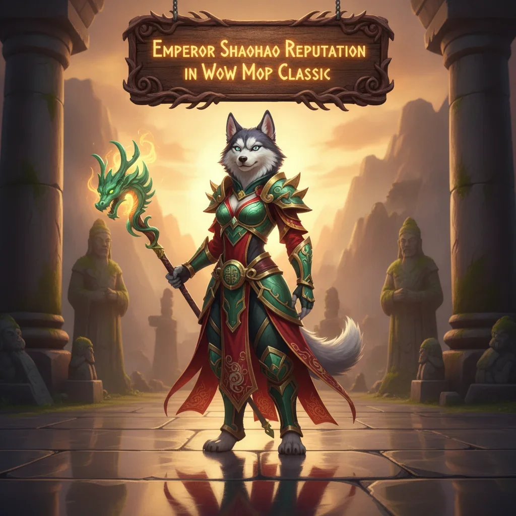 An anthropomorphic Husky character in fantasy robes, amidst a serene, mystical Mists of Pandaria-inspired environment, representing reputation objectives.