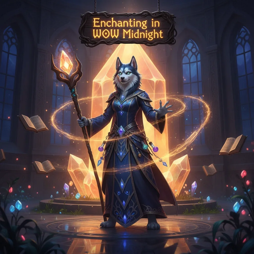 Anthropomorphic Husky character in fantasy armor amidst a dark, magical World of Warcraft Midnight environment, representing enchanting boost services and character progression content.