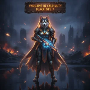 Anthropomorphic husky character in heavy futuristic armor, standing in a digital fantasy realm, representing advanced endgame content and strategic objectives.