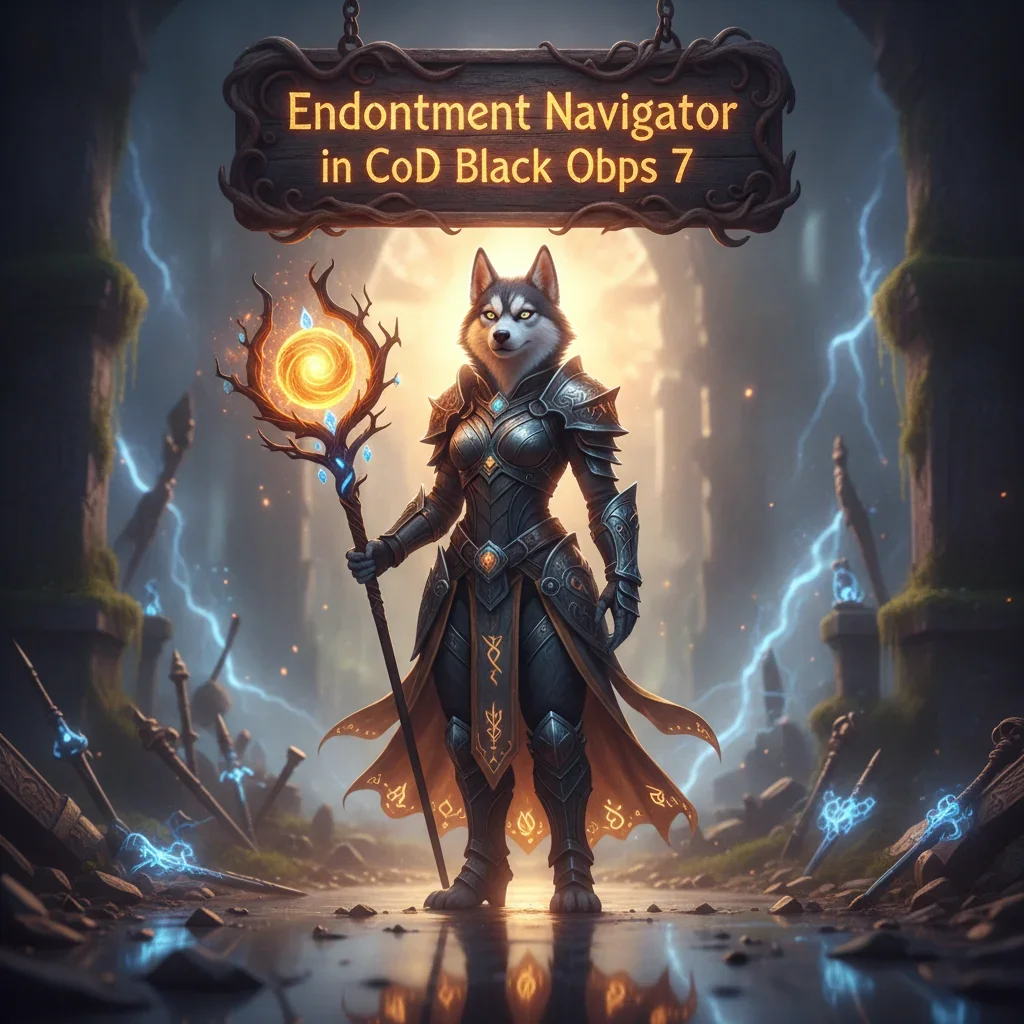 Anthropomorphic Husky in advanced tactical gear, within a futuristic military setting, representing the Endowment Navigator system in CoD Black Ops 7.