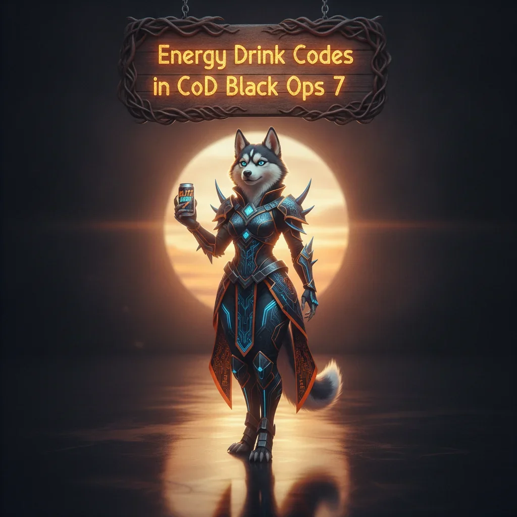 Fantasy game-inspired artwork featuring an anthropomorphic husky character in a themed outfit, representing energy drink code benefits for unlocking in-game content and progression boosts.