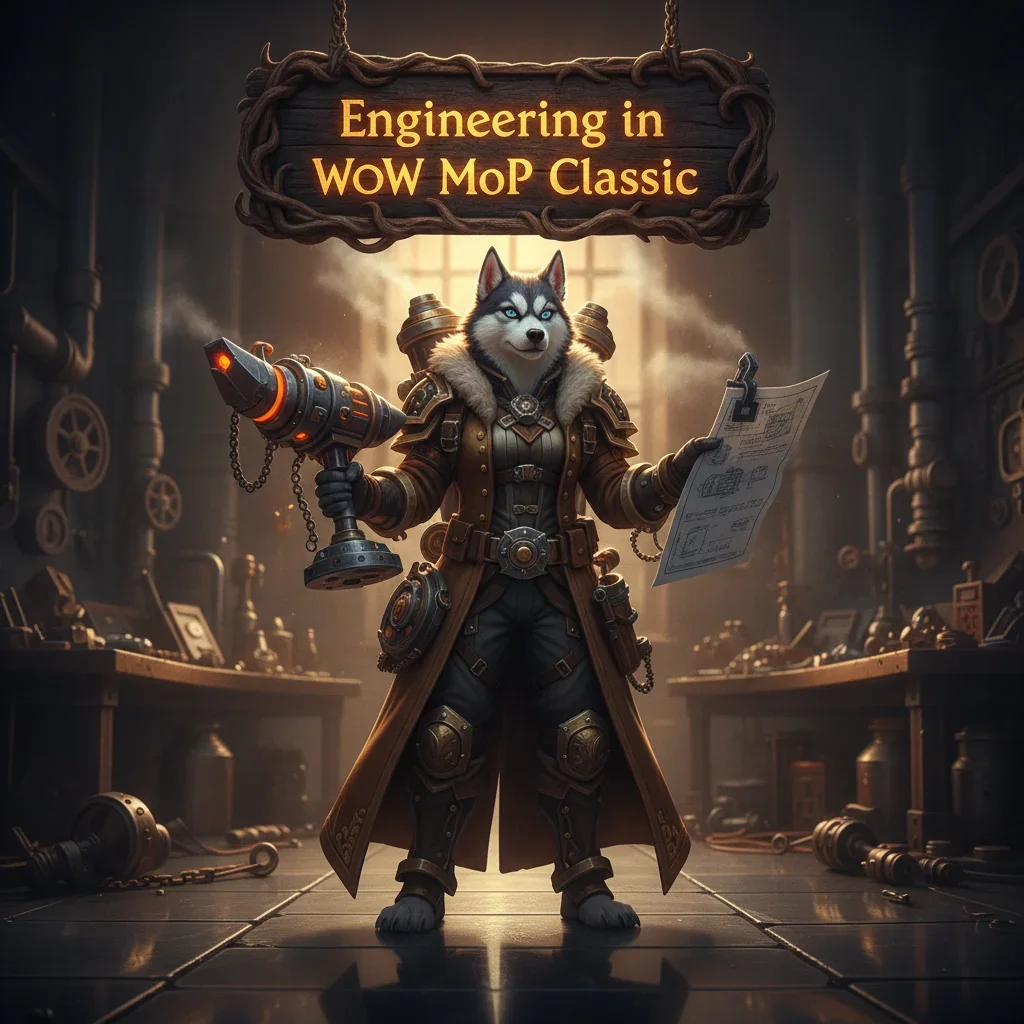 Fantasy game-inspired artwork featuring an anthropomorphic husky character in a themed outfit, related to Engineering in World of Warcraft Mists of Pandaria Classic.
