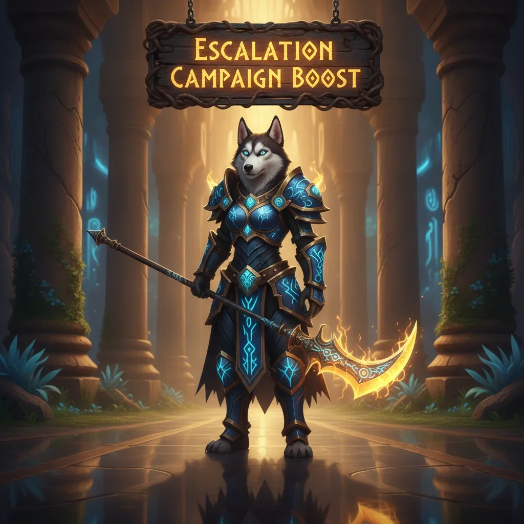 An anthropomorphic husky character in a fantasy adventurer's outfit, set in a game-inspired environment, representing WoW MoP Classic Escalation Campaign content.