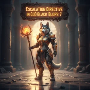 Fantasy artwork related to CoD Black Ops 7 Escalation Directive content, featuring an anthropomorphic Husky character in a futuristic armored outfit, set in a game-inspired environment.
