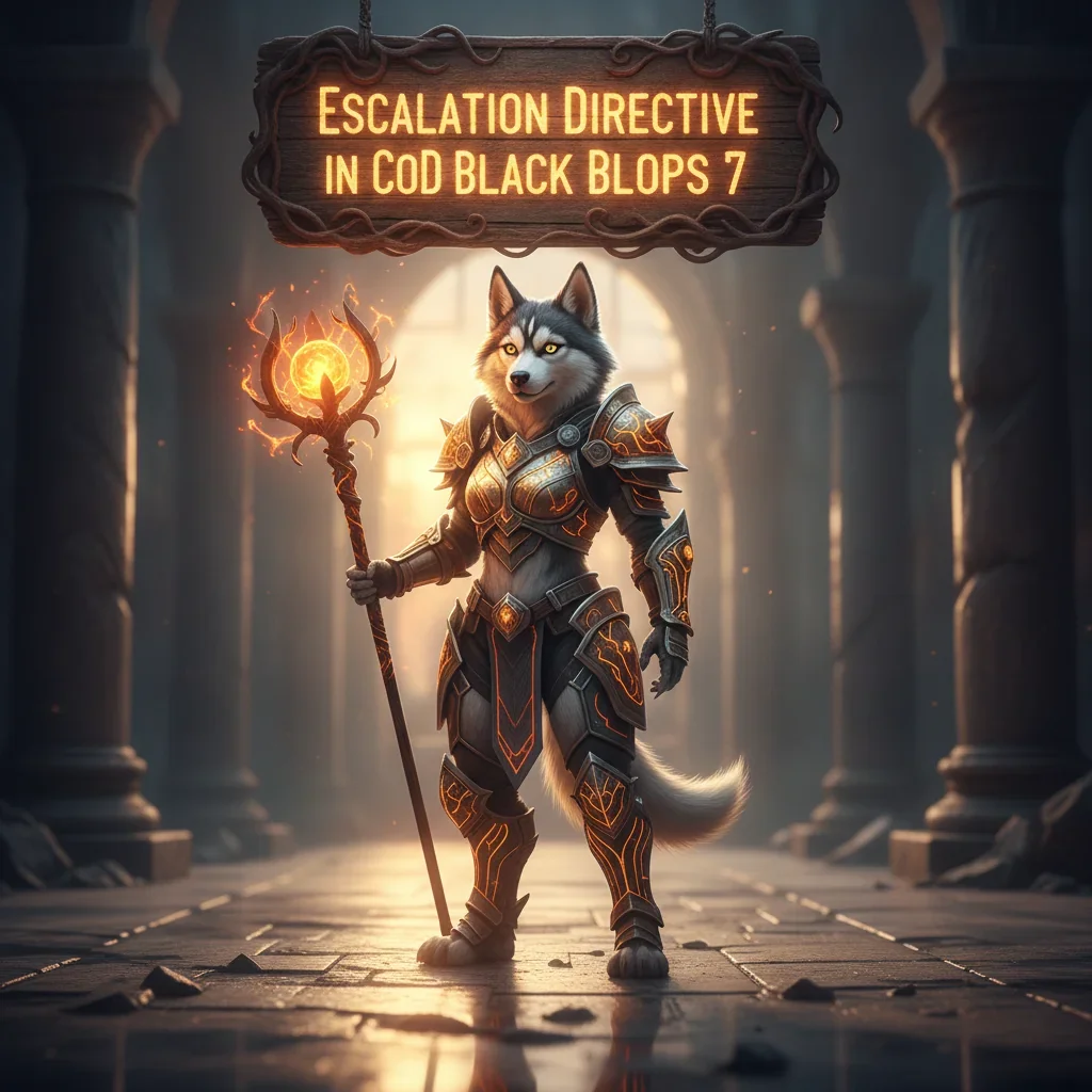 Fantasy artwork related to CoD Black Ops 7 Escalation Directive content, featuring an anthropomorphic Husky character in a futuristic armored outfit, set in a game-inspired environment.