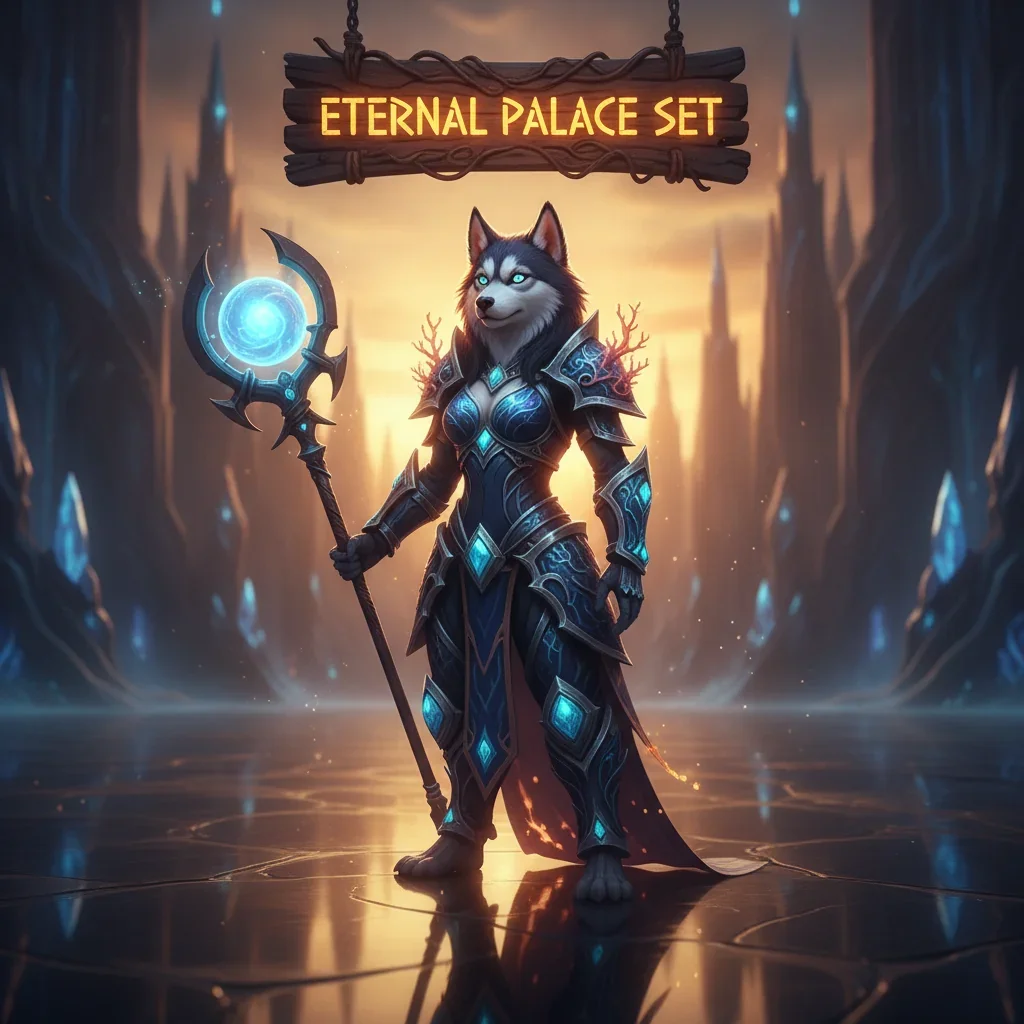 An anthropomorphic Husky character, clad in opulent fantasy armor, themed around the Eternal Palace Set and related content objectives in WoW Midnight.