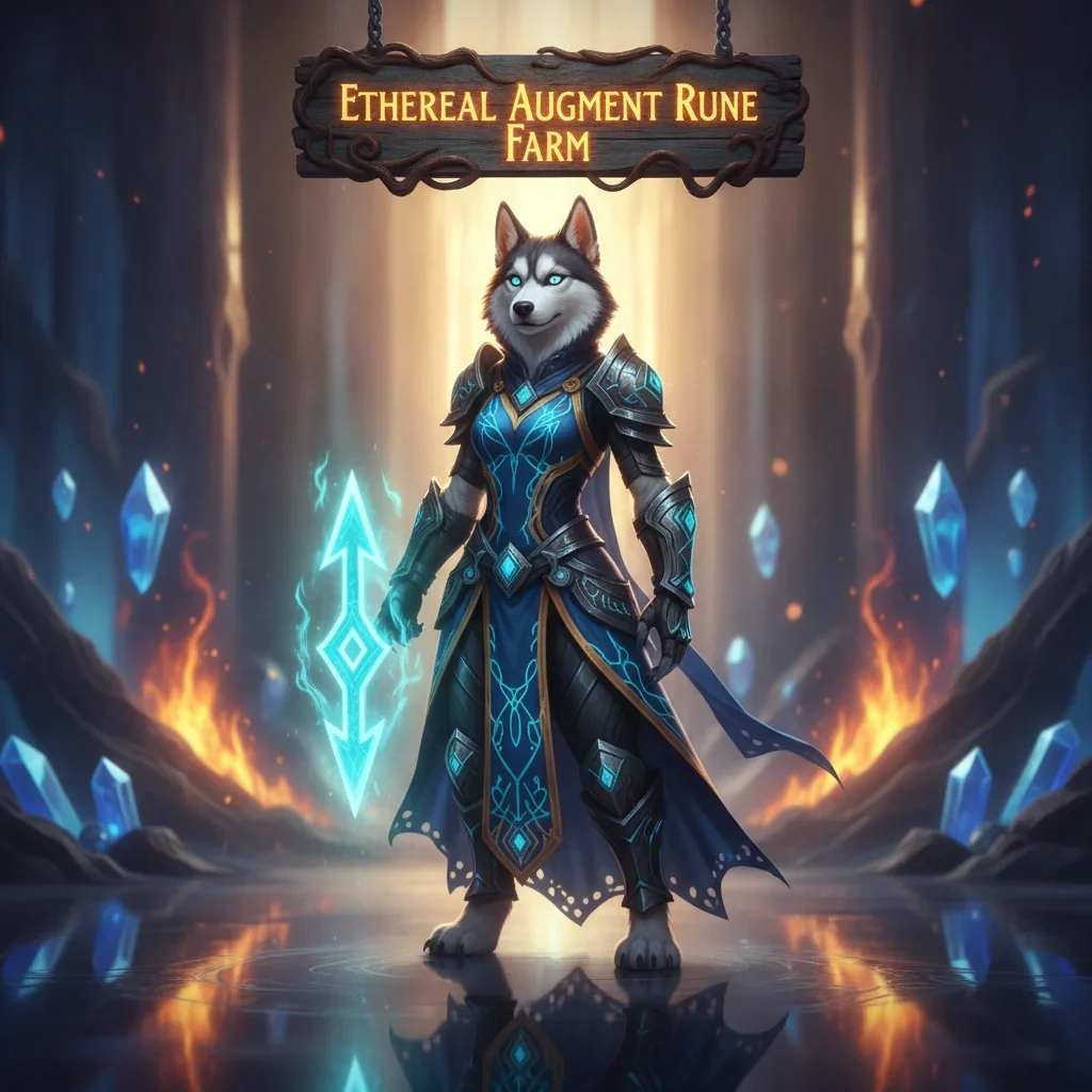 Fantasy artwork featuring an anthropomorphic husky character amidst a dark, magical environment, themed around Ethereal Augment Rune farming in WoW Midnight. The scene represents valuable item acquisition content.