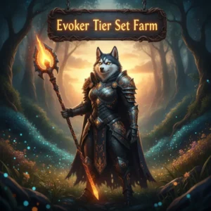 Anthropomorphic husky character in arcane robes, representing Evoker Tier Set farming objectives and endgame gear acquisition in World of Warcraft Midnight. The fantasy environment features magical elements.