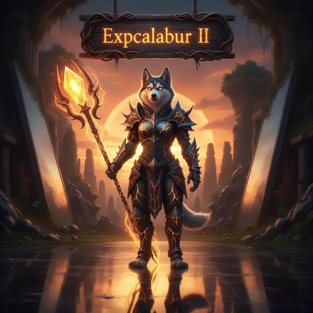 Artwork featuring an anthropomorphic Husky character in fantasy armor within a dark, game-inspired environment. It represents 'Expcalibur II' objectives and challenges of 'The Beast'.