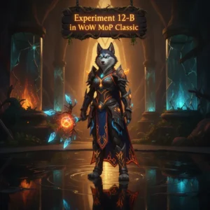 Fantasy artwork of an anthropomorphic husky character in Mists of Pandaria Classic themed gear, related to Experiment 12-B content.