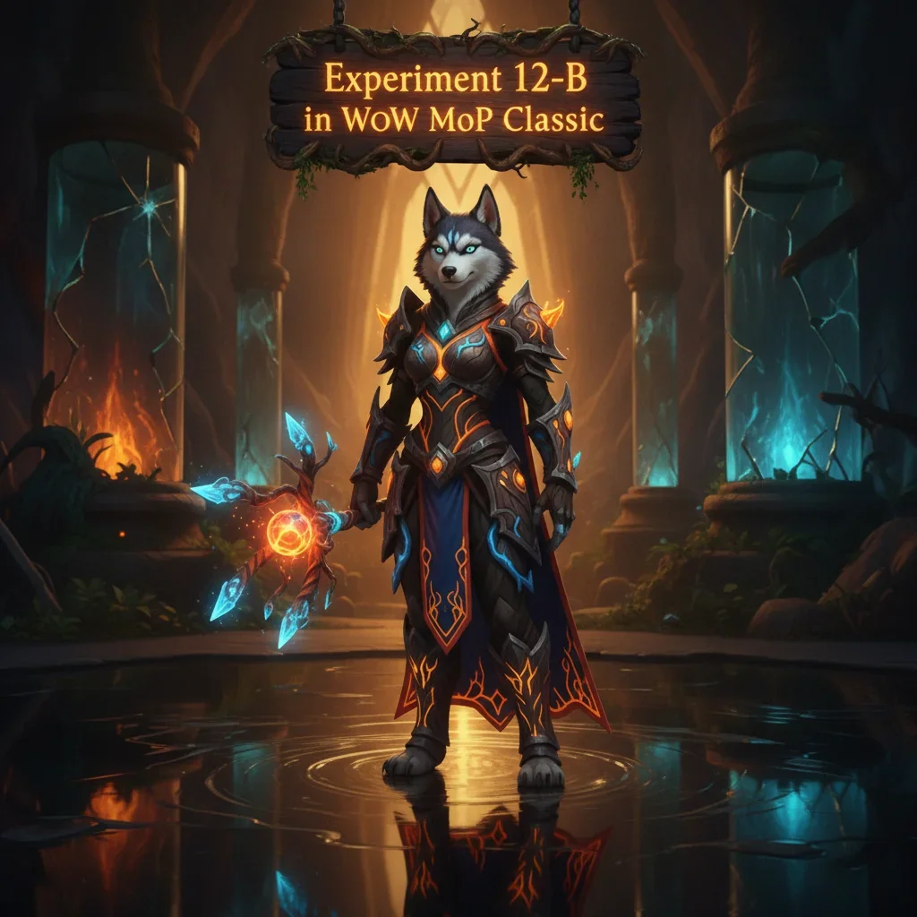 Fantasy artwork of an anthropomorphic husky character in Mists of Pandaria Classic themed gear, related to Experiment 12-B content.