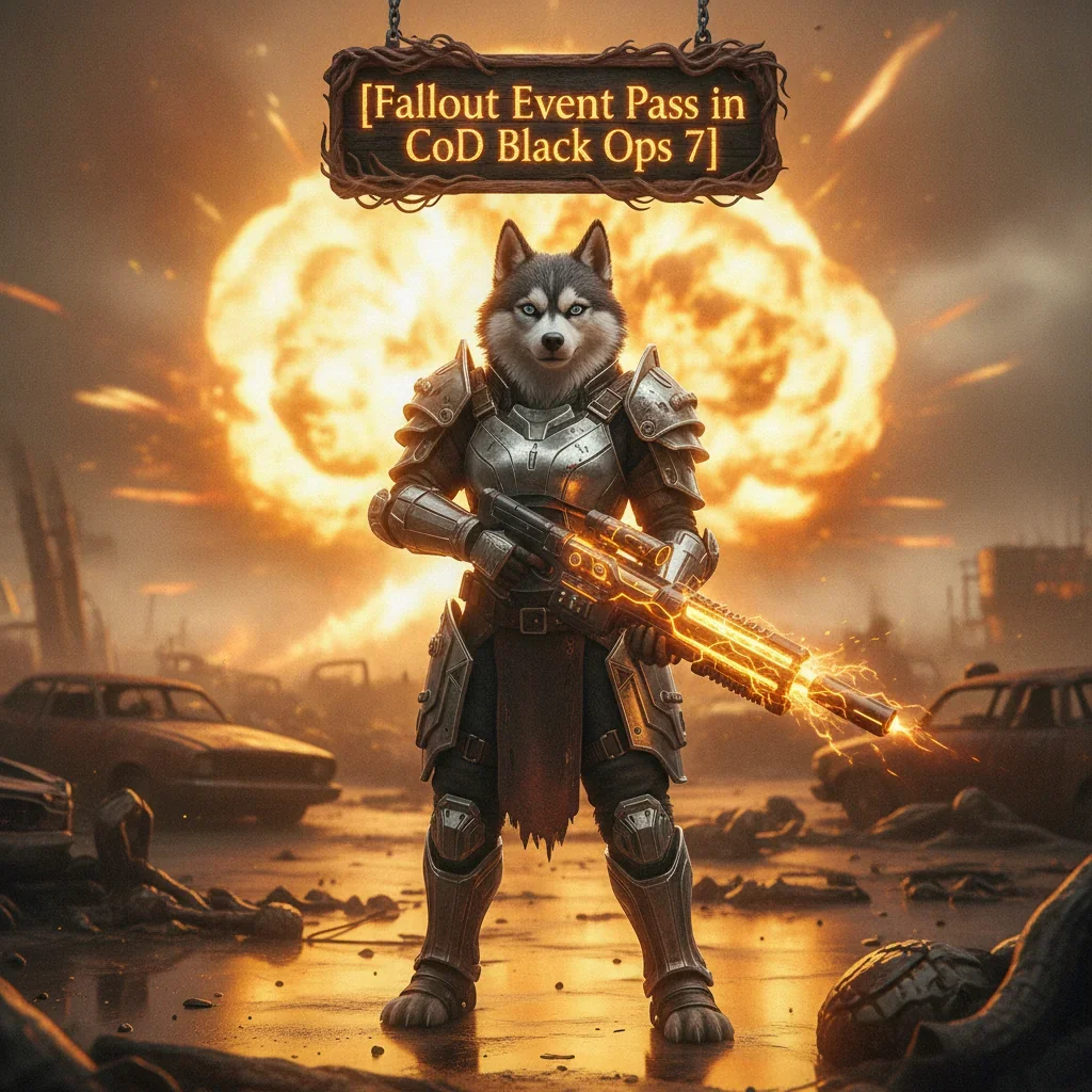 Fantasy artwork showcasing an anthropomorphic husky character in a post-apocalyptic themed outfit, related to Fallout event pass objectives and seasonal content.