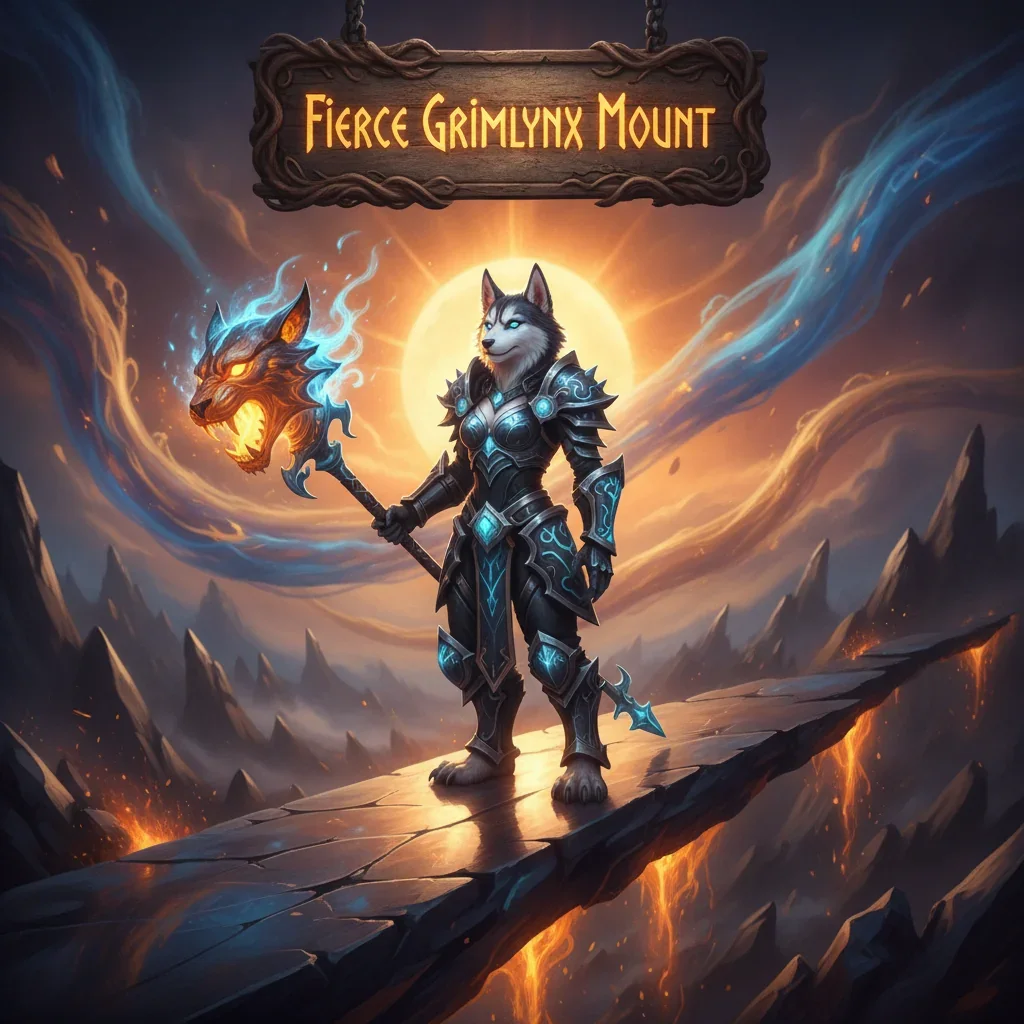 Fantasy artwork featuring an anthropomorphic husky character with majestic armor, standing near a fierce Grimlynx mount, set in a mystical environment inspired by WoW Midnight's mount acquisition content.