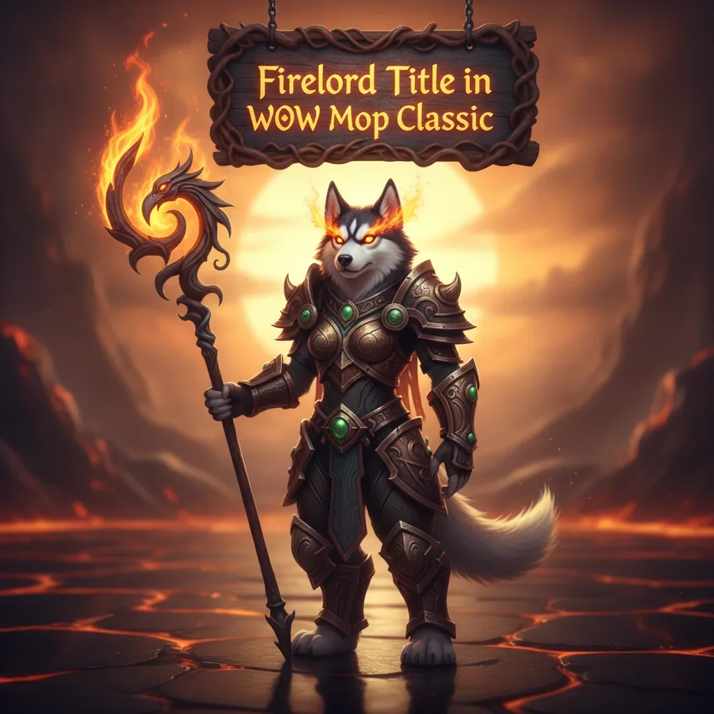 Fantasy game-inspired artwork featuring an anthropomorphic husky character themed around the Firelord title.