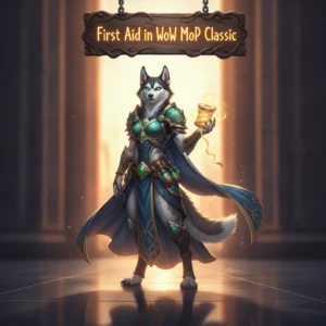 Fantasy artwork featuring an anthropomorphic Husky character, themed around First Aid skill progression in World of Warcraft Mists of Pandaria Classic.