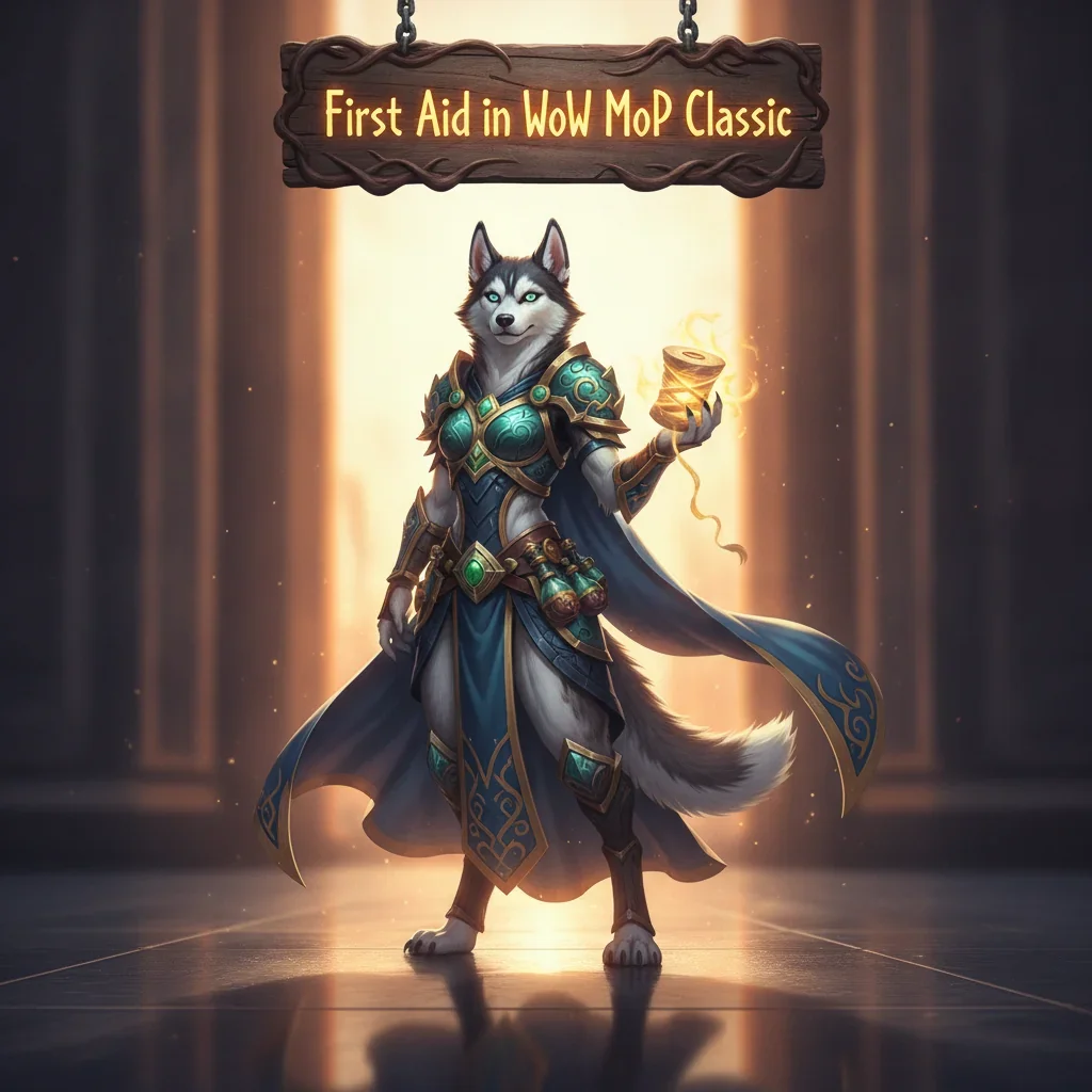 Fantasy artwork featuring an anthropomorphic Husky character, themed around First Aid skill progression in World of Warcraft Mists of Pandaria Classic.