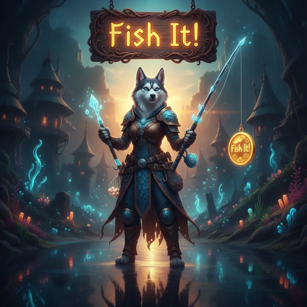 Anthropomorphic husky character in fantasy attire, standing in a magical fishing pond setting, representing game content.