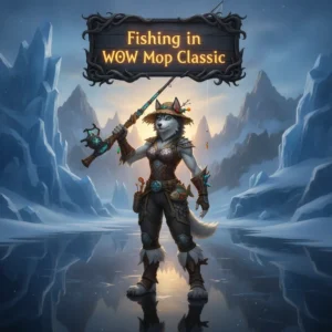A fantasy game-inspired image featuring an anthropomorphic Husky character themed around Fishing Boost in WoW Mists of Pandaria Classic.