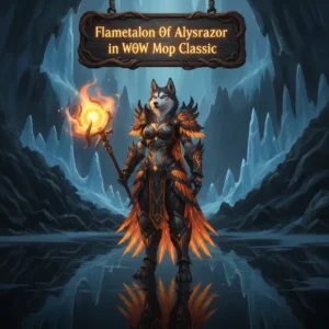 Anthropomorphic husky in fantasy armor standing amidst a fiery, volcanic landscape, artwork themed around a WoW mount boost.