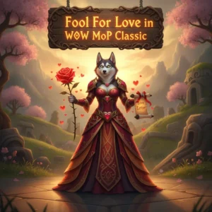 Anthropomorphic Husky character in fantasy attire, themed around the 'Fool For Love' event in World of Warcraft Mists of Pandaria Classic.