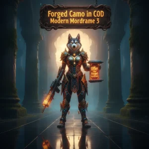 An anthropomorphic Husky character in ornate fantasy armor, set in a mystical environment, themed around weapon customization objectives and Forged Camo progression content.