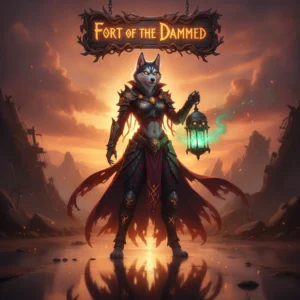 Anthropomorphic Husky character artwork in pirate attire, themed around the Fort of the Damned challenge and endgame content in Sea of Thieves.