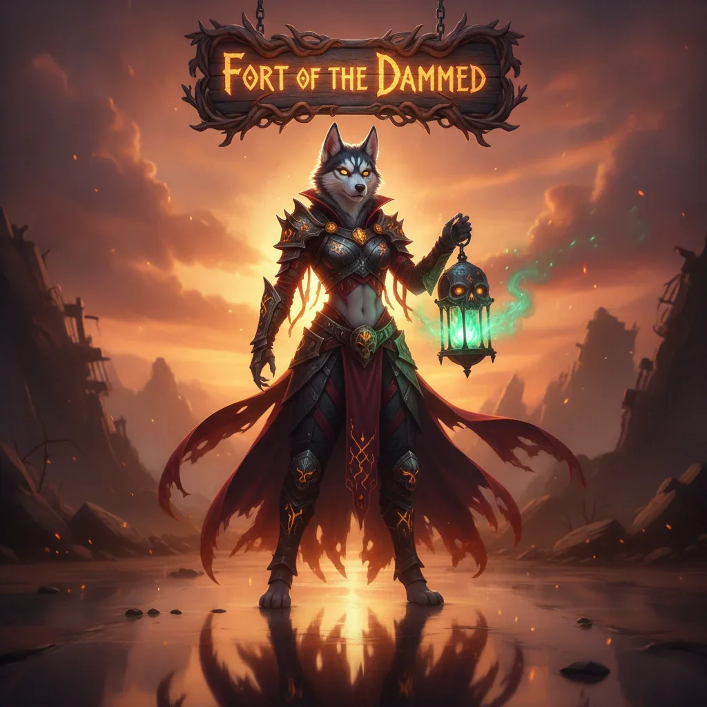 Anthropomorphic Husky character artwork in pirate attire, themed around the Fort of the Damned challenge and endgame content in Sea of Thieves.