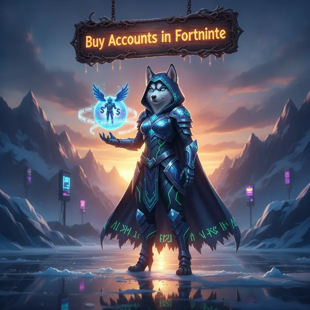 Fantasy game-inspired artwork featuring an anthropomorphic husky character, representing various Fortnite game accounts.