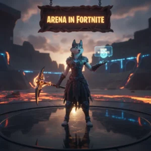 An anthropomorphic Husky character in fantasy attire, with a background representing game-inspired challenges and objectives related to Fortnite Arena Boost content.