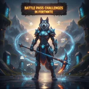 Anthropomorphic Husky in fantasy armor, themed around Fortnite Battle Pass challenges and seasonal objectives.
